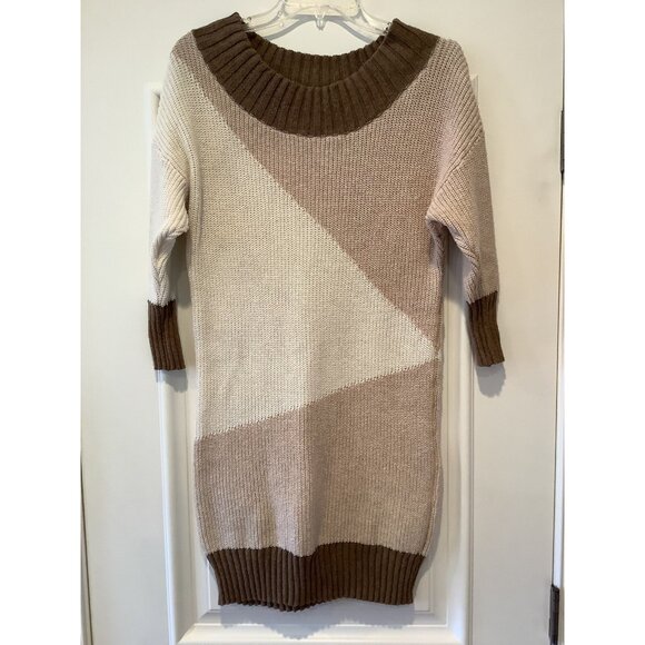Sweater Dress Size Medium Brown Cream Color Block 3/4 Sleeves Y2K 90s - Picture 1 of 9